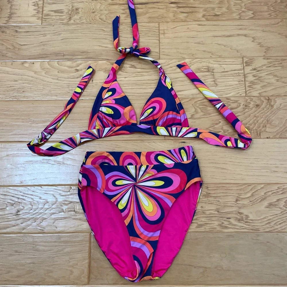 Trina Turk Goldie Swirl High Waisted Bikini Size Small Pink Purple 70s